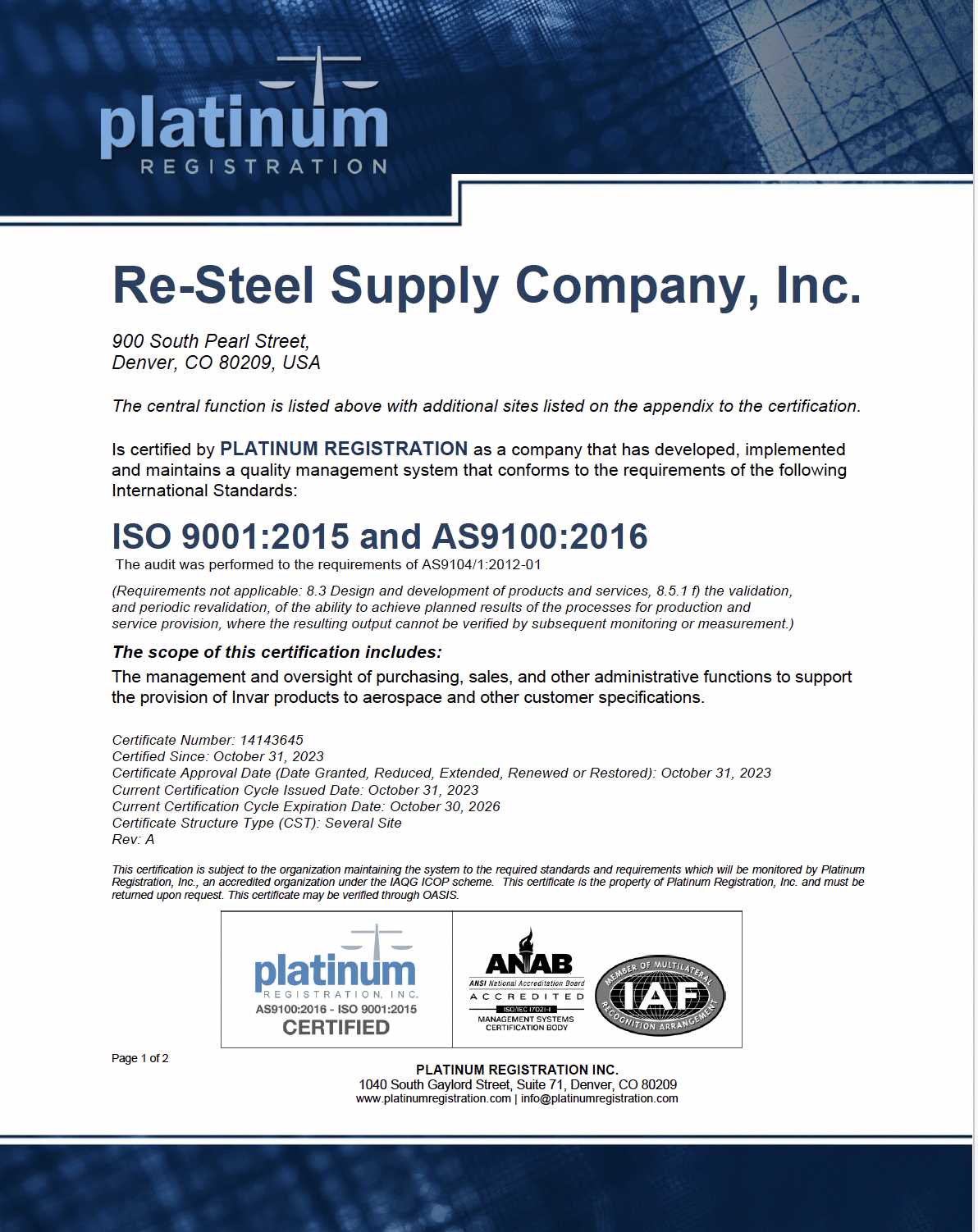 Re-Steel ISO 9001_2015 and AS9100_2016